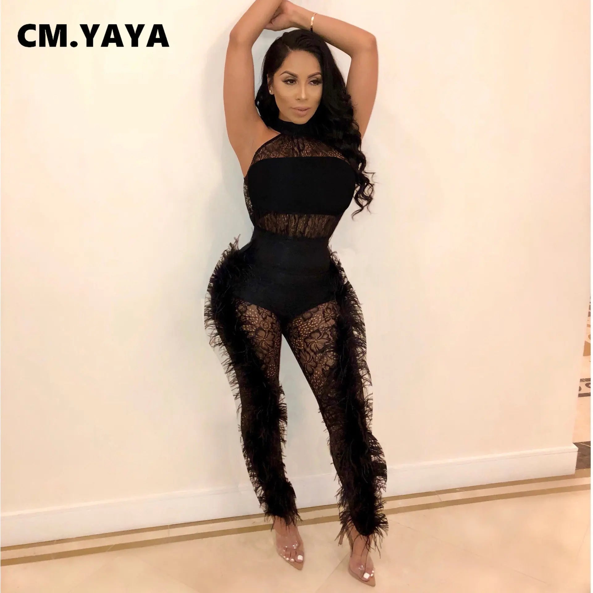 Fashion Women Sleeveless Lace See Though Fur Side Skinny Stretchy Jumpsuit Streetwear Sexy One Piece Suit INS Playsuits