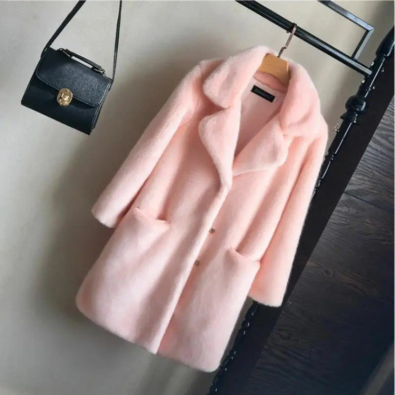 Women Mink Faux Fur Coat Solid Female Turn Down Collar Winter Warm Fake Fur Lady Coat Casual Jacket