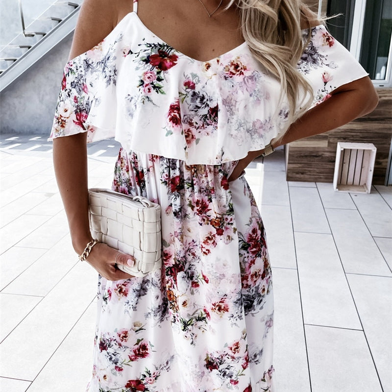 Women Boho Floral Cold Shoulder Elegant fashion Maxi Dress Ladies Summer Ankle-Length