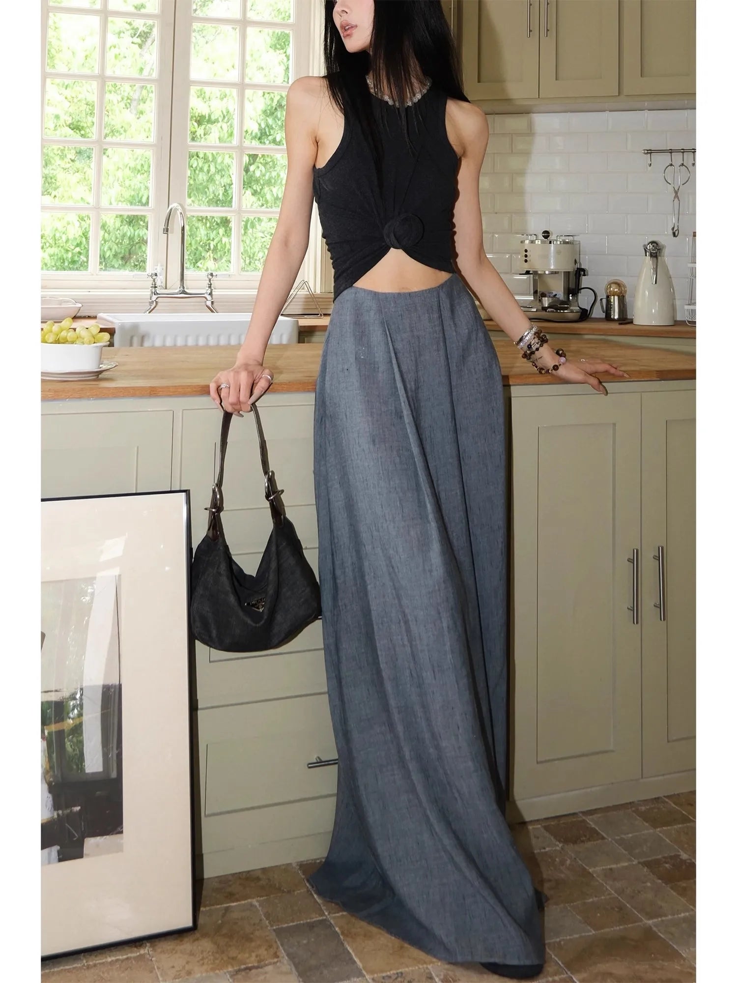 Lautaro Spring Summer Flowy Soft Thin Floor Length A Line Skirt Women High Waist Elegant Chic Extra Long Luxury Designer Clothes Blue