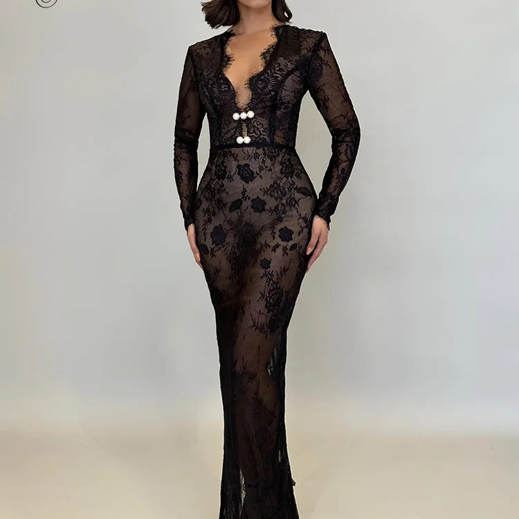 VC Black Long Dresses For Women Sexy V Neck Long Sleeve Lace Evening Maxi Gown Fashion Summer Dresses 2024
