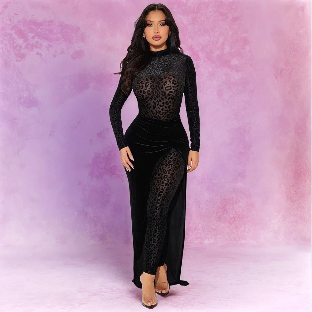 Women's Set Leopard Velvet Long Sleeve Jumpsuits +Long Skirts 2025 Spring Streetwear Sexy Party Two 2 Piece Sets Outfits Black