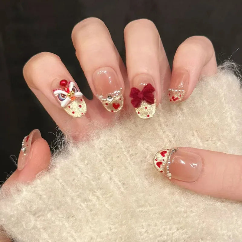 24pcs/set Medium fake nails for women girls 3D embossed flowers fruit shell rhinestones design Almond tips press on false nail 2741