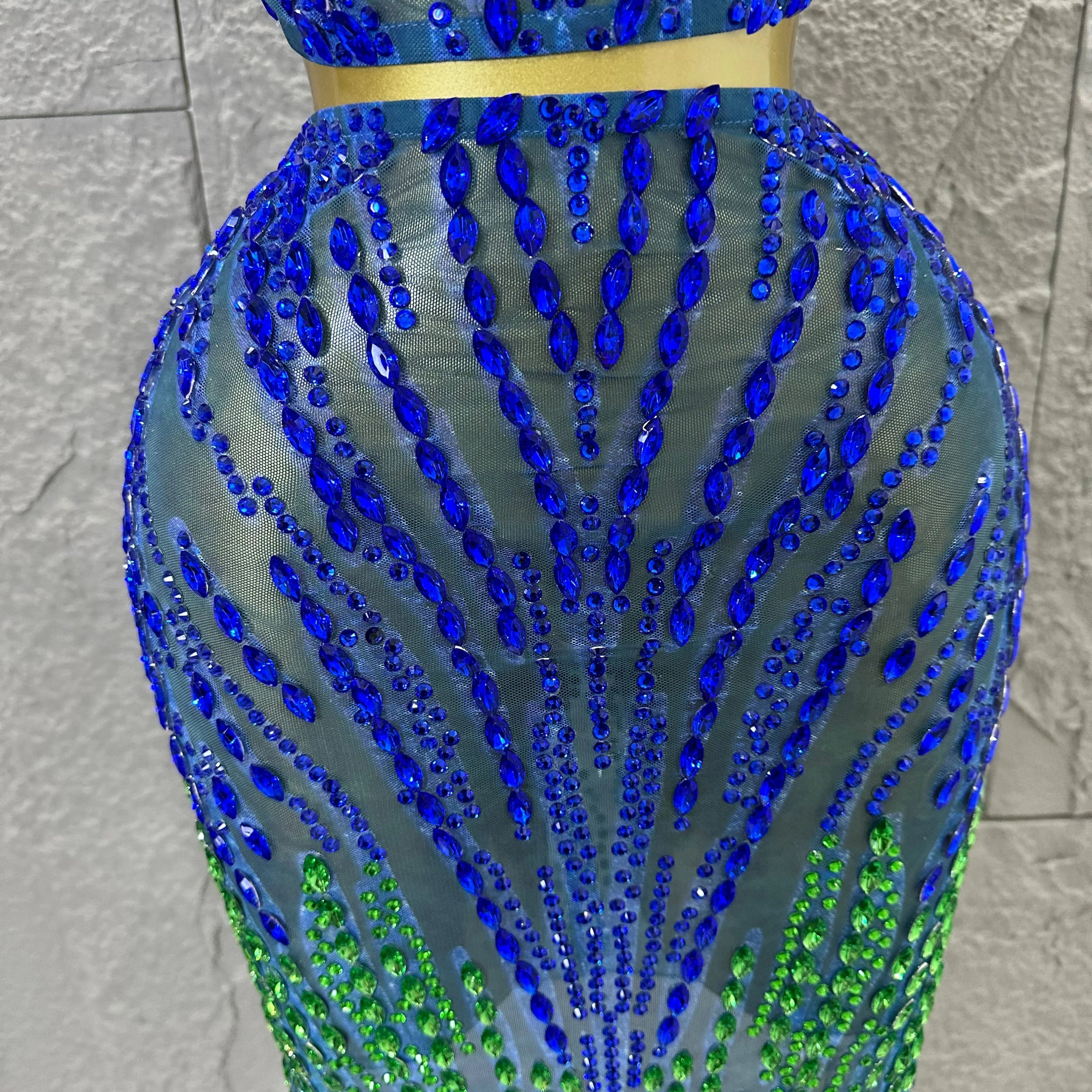 Sexy Blue Green High Neck Two Piece Set Women Sheer Mesh Full Crystal Crop Top Mini Skirt Outfit Formal Event Party Costume