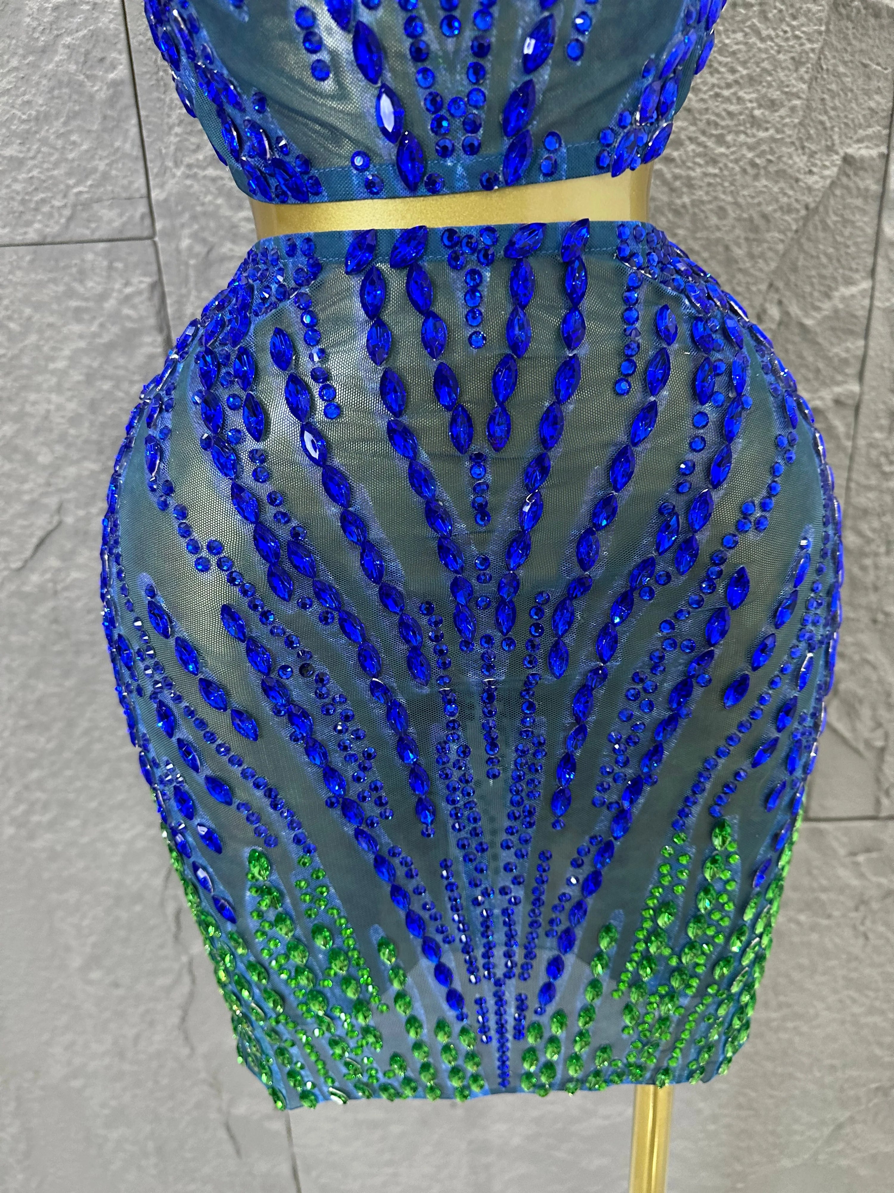 Sexy Blue Green High Neck Two Piece Set Women Sheer Mesh Full Crystal Crop Top Mini Skirt Outfit Formal Event Party Costume