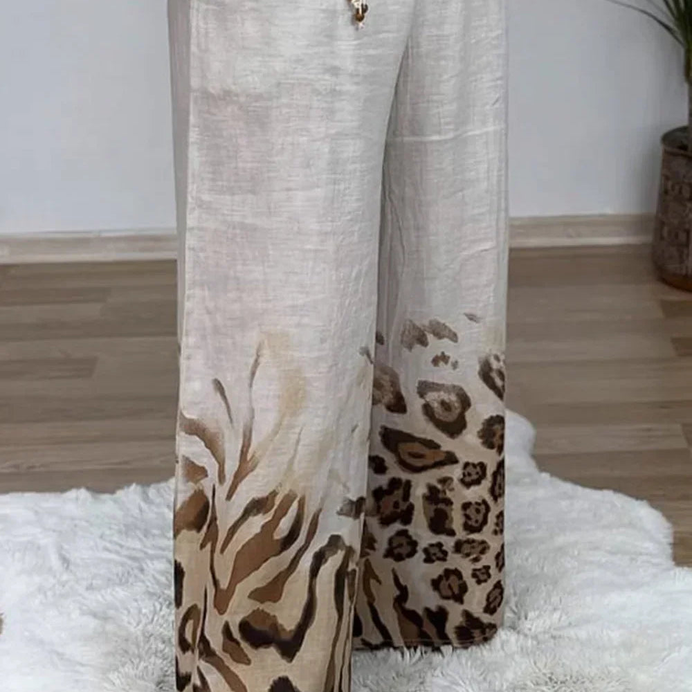 Women's Plus Size Casual Two Piece Set Leopard 3/4 Sleeve Crew Neck Tops T-Shirt Elastic Waist Straight Loose Pockets Pants Sets