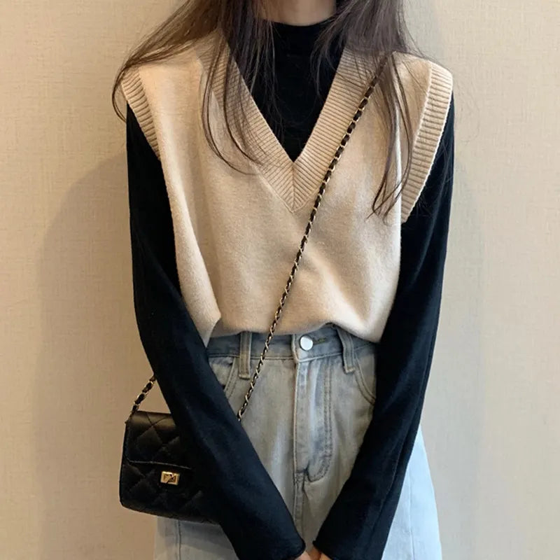 Women Knitted Sweater Vest Spring Autumn Short Loose Vintage Sweater Sleeveless Girls V-Neck Pullover Tops Female Outerwear