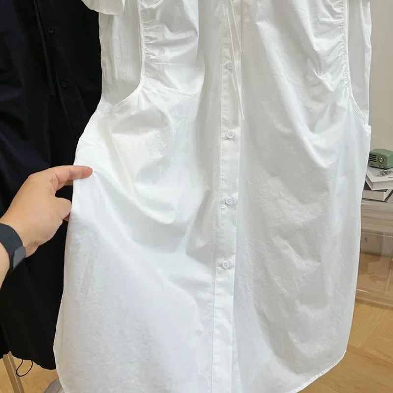 Loose Drawstring White Lantern Short Sleeve Shirt Dress Vestidos Elegantes Para Mujer Maxi Single Breasted Women es
