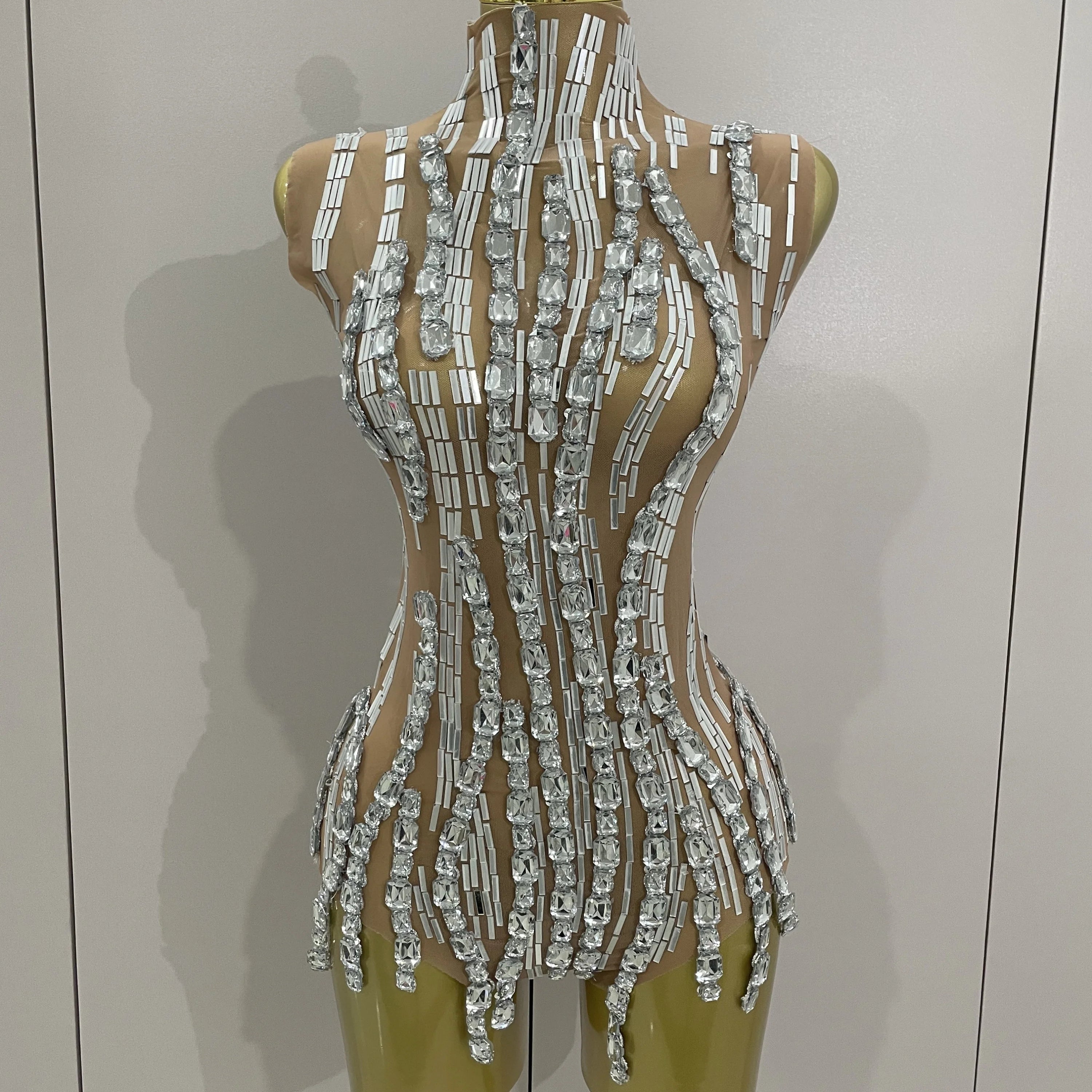 Sparkly Rhinestone Chain Sexy Transparent Sleeveless Bodysuit 2025Women Party Nightclub Team Performance Costume Show Stage Wear Silver