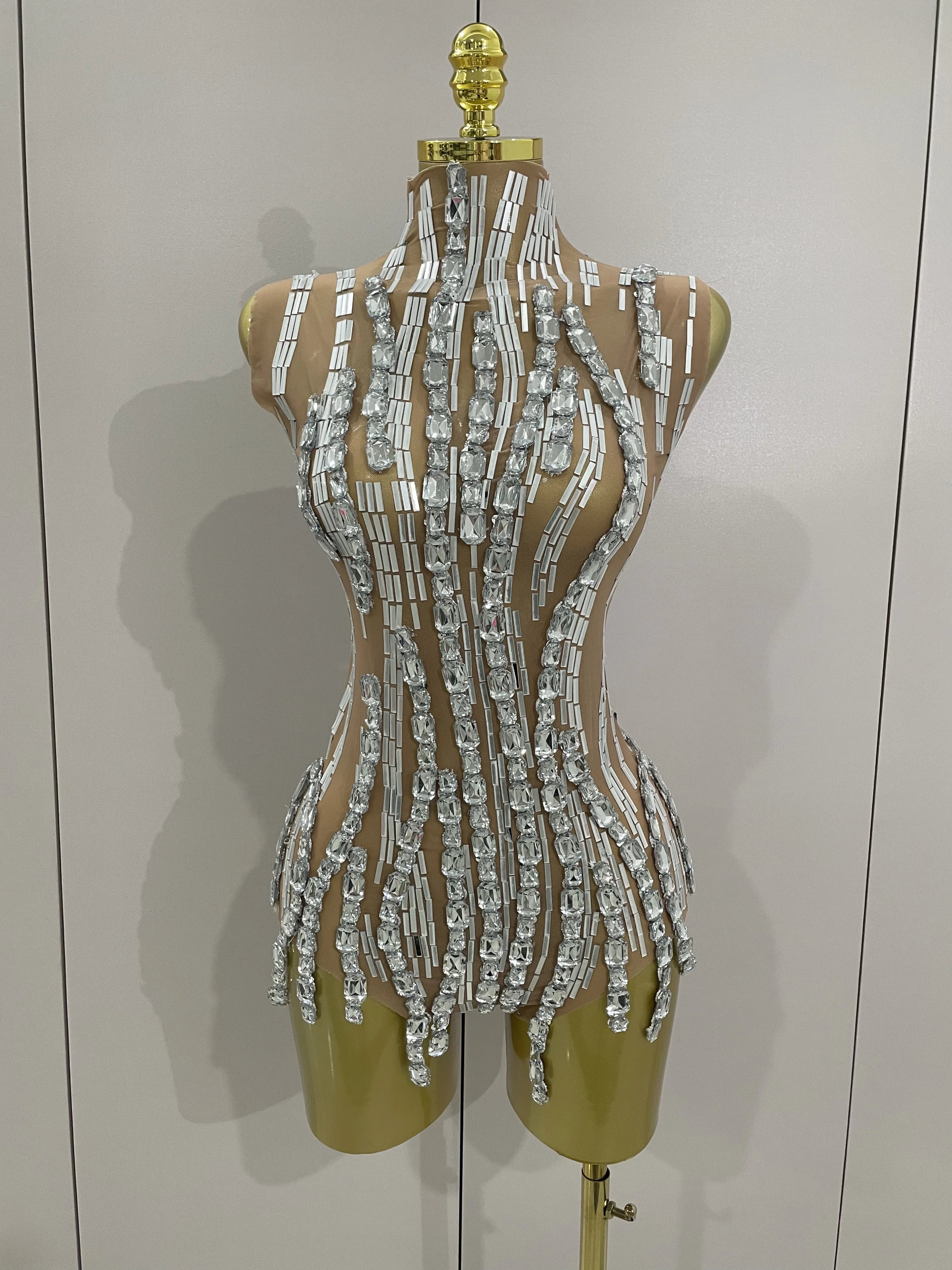 Sparkly Rhinestone Chain Sexy Transparent Sleeveless Bodysuit 2025Women Party Nightclub Team Performance Costume Show Stage Wear Silver