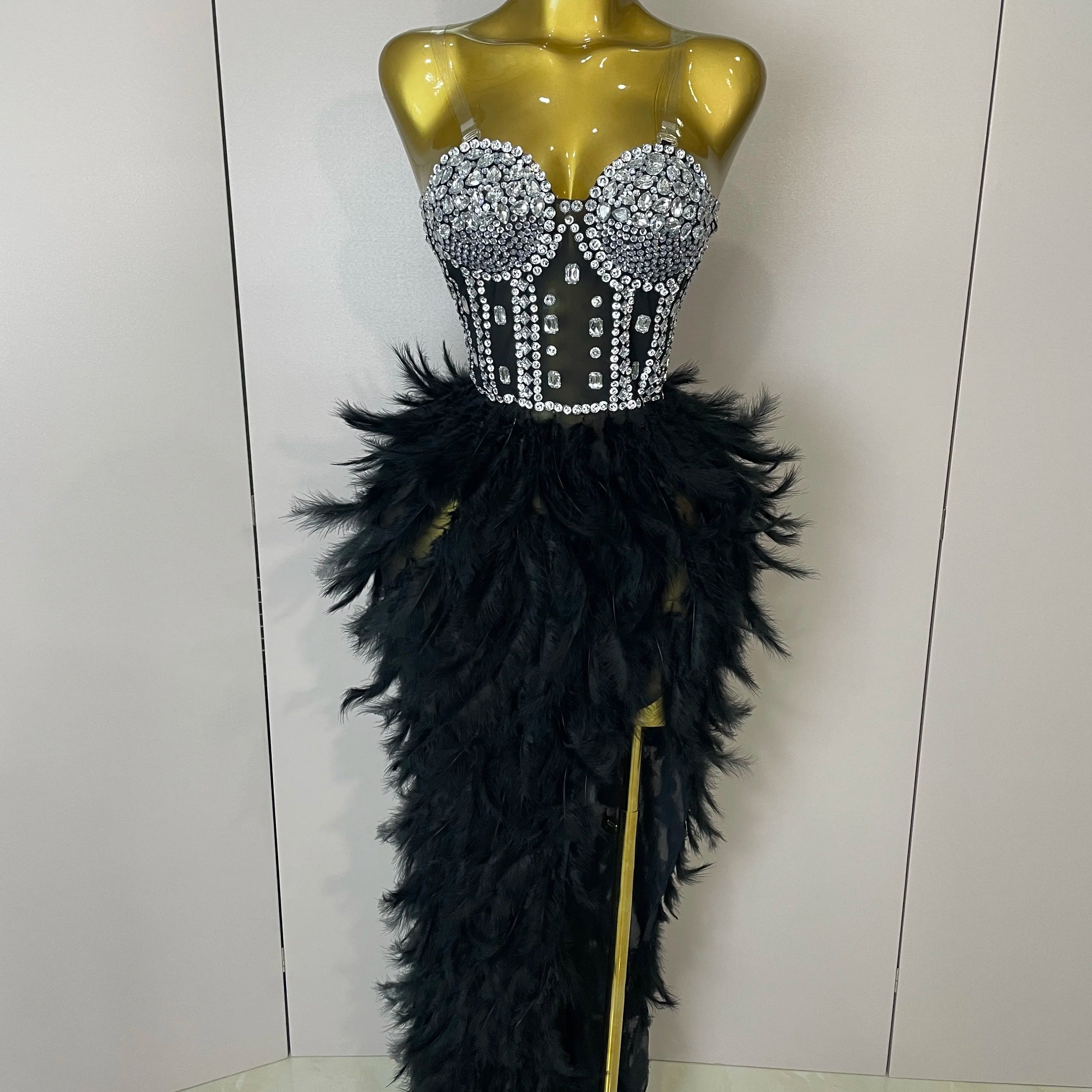 Stock 2025 Women Sexy Sparkly Rhinestone Mesh Feather Long Dress Elegant Evening Party Celebrate Birthday Performance Costume black