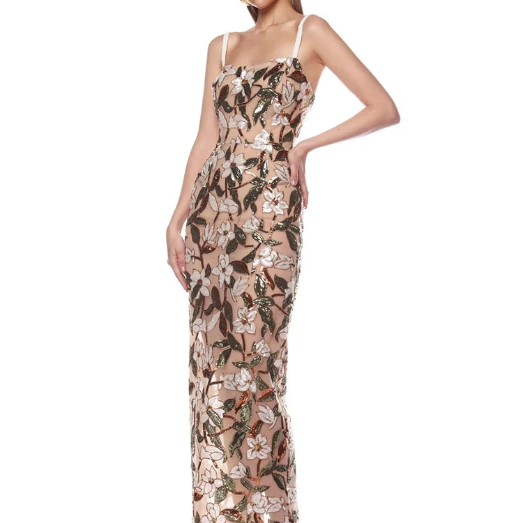 VC Sexy Strapless Floral Sequins Long Dress For Women Flower Embrodery Backless Slim Cocktail Evening Party Gowns