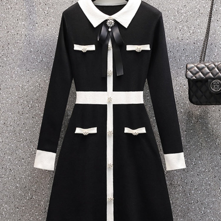 Small Fragrance Fall Winter Knitted Sweater Dress Women Bow Tie Buttons Vintage Party Mini Dress Elegant Casual Chic Robe Femme