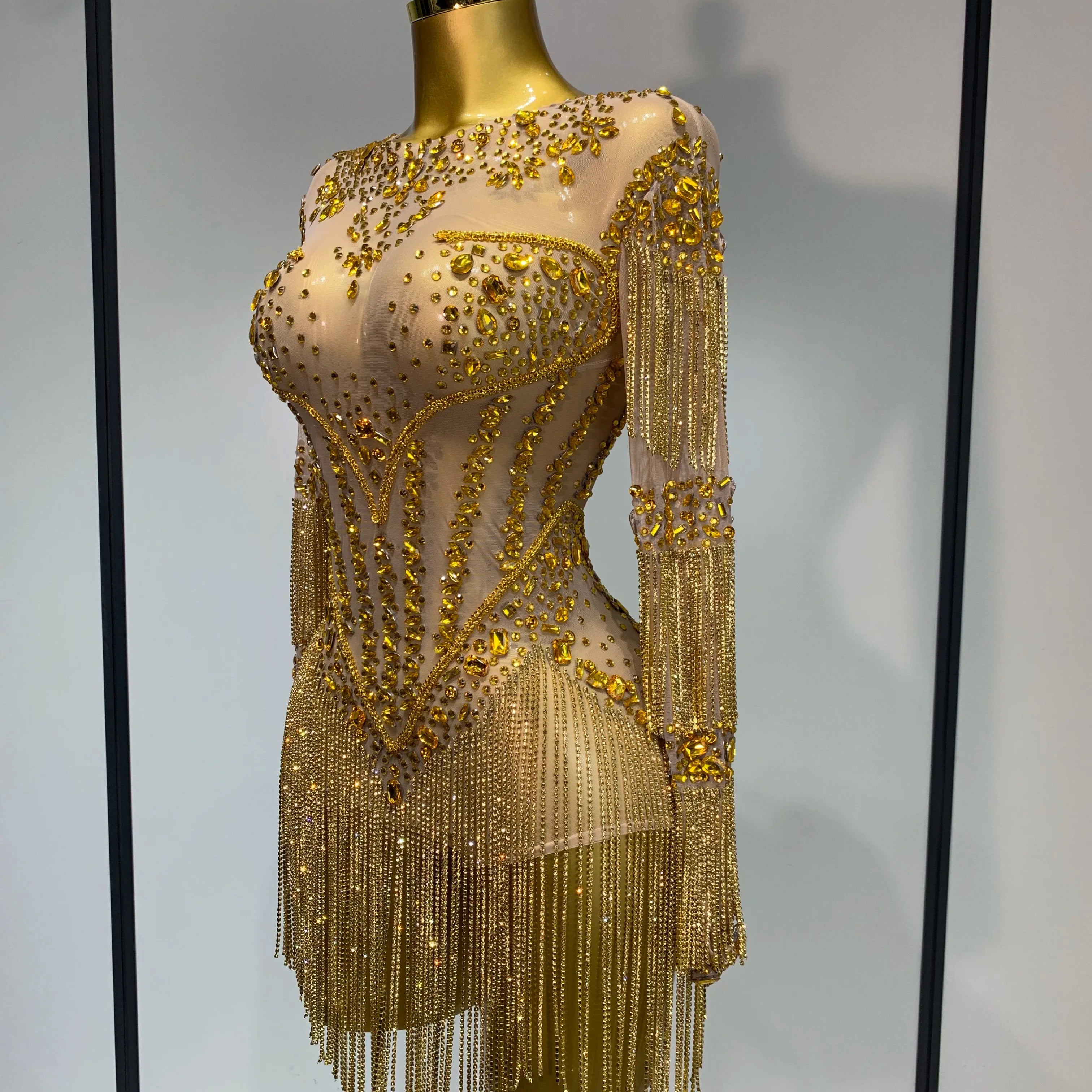 Luxury Birthday Evening Party Gown Sparkly Rhinestone Bodysuit Women Sexy Mesh See Through Performance Dance Stage Costume