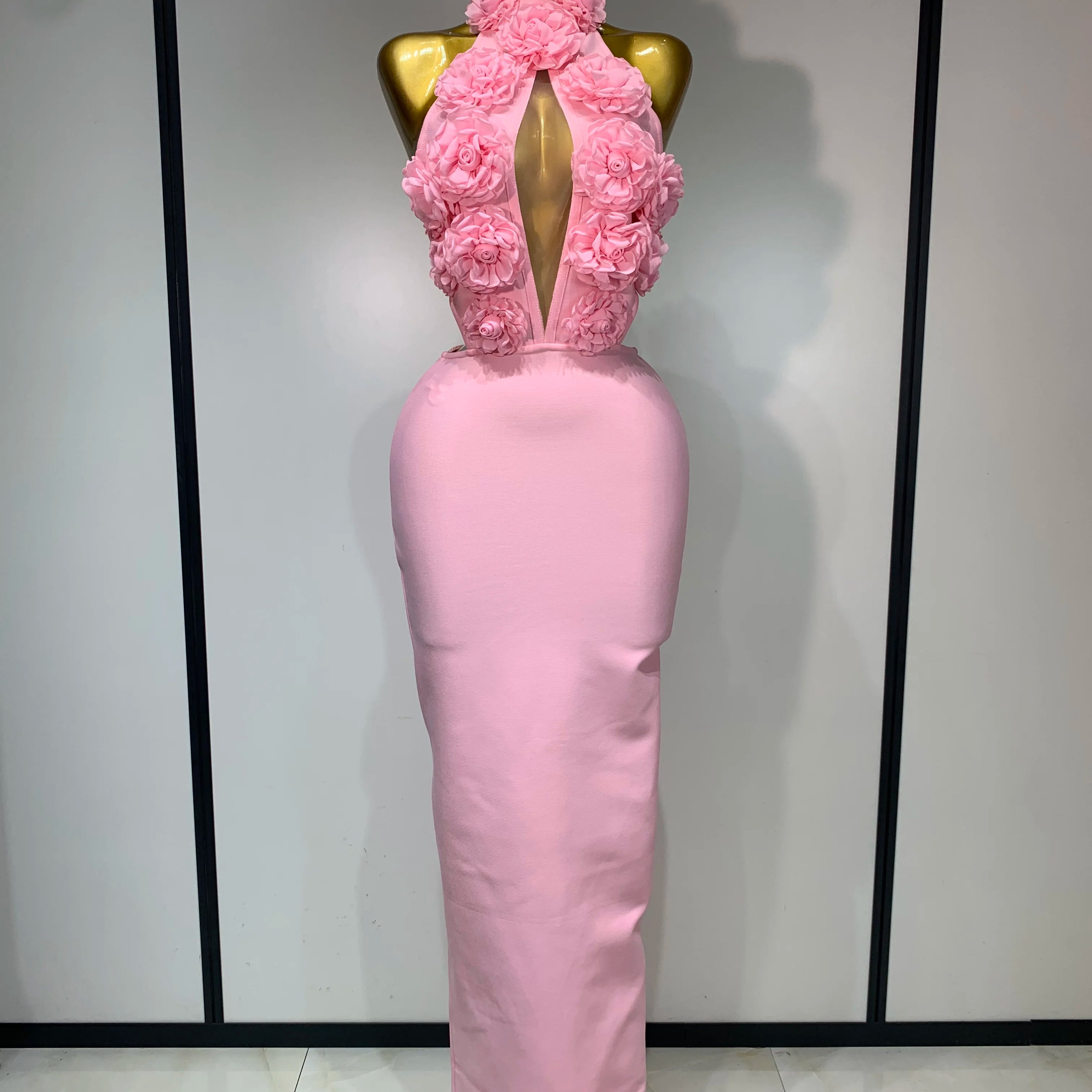 Luxury Birthday Dress Women Celebrity Sexy Halter Backless Flower Long Bandage Bodycon Dress 2025 Elegant Evening Party Outfit ﻿ Pink