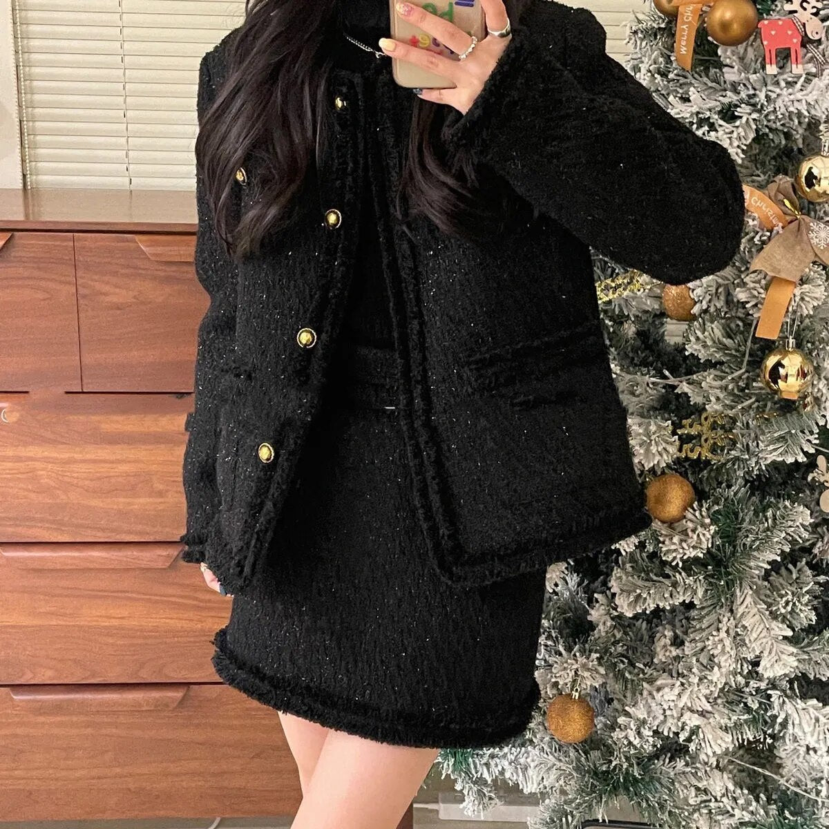 Women Elegant Vintage Tweed Fragrant Suit Jacke Coat Top And Skirt Two Piece Set Green Outfit Winter Jacquard Party Clothing Picture 9