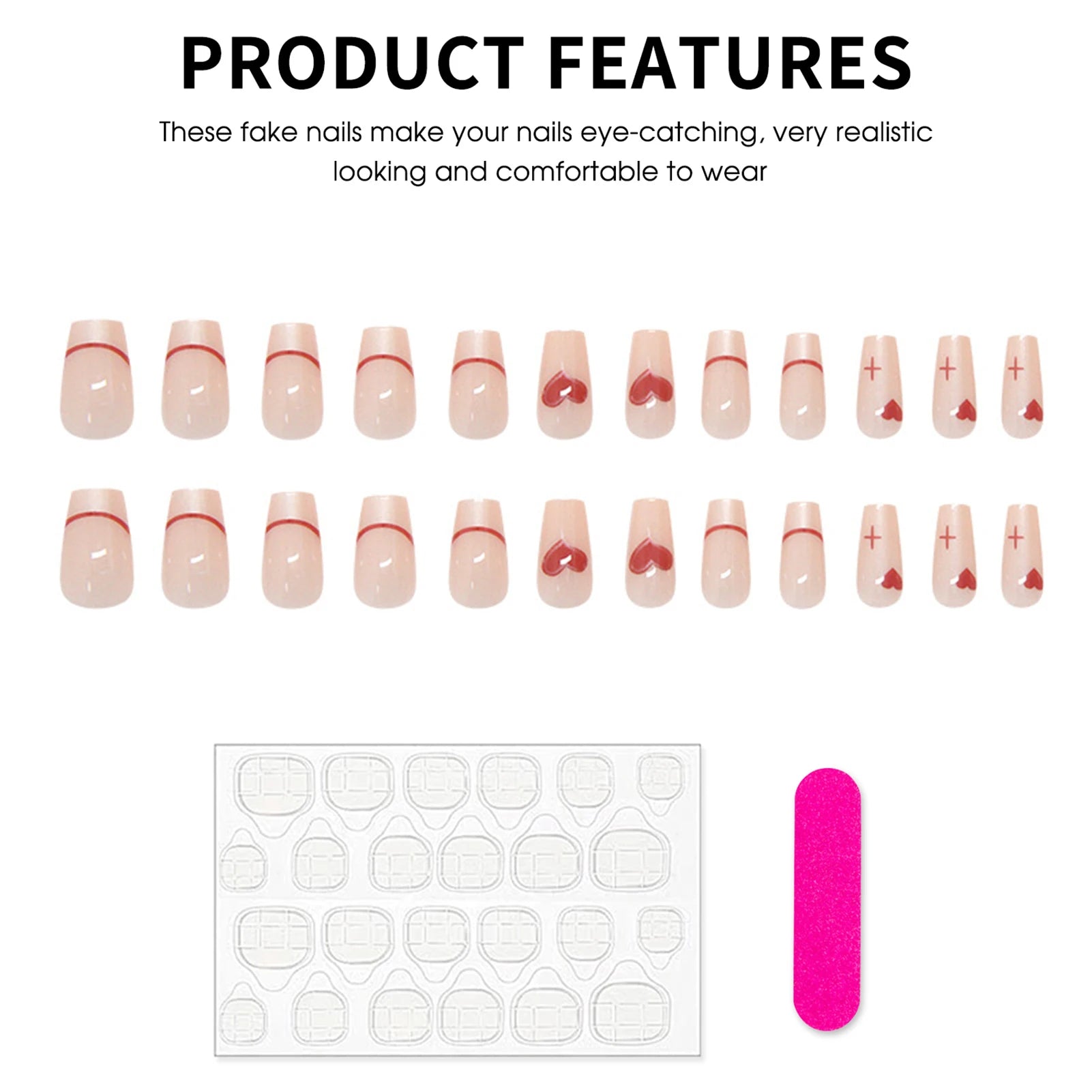 Nude Color Ballet Fake Nails 24Pcs French Press On Nails Love Heart Printed Ballerina Wearable False Nails Valentine's Day Use