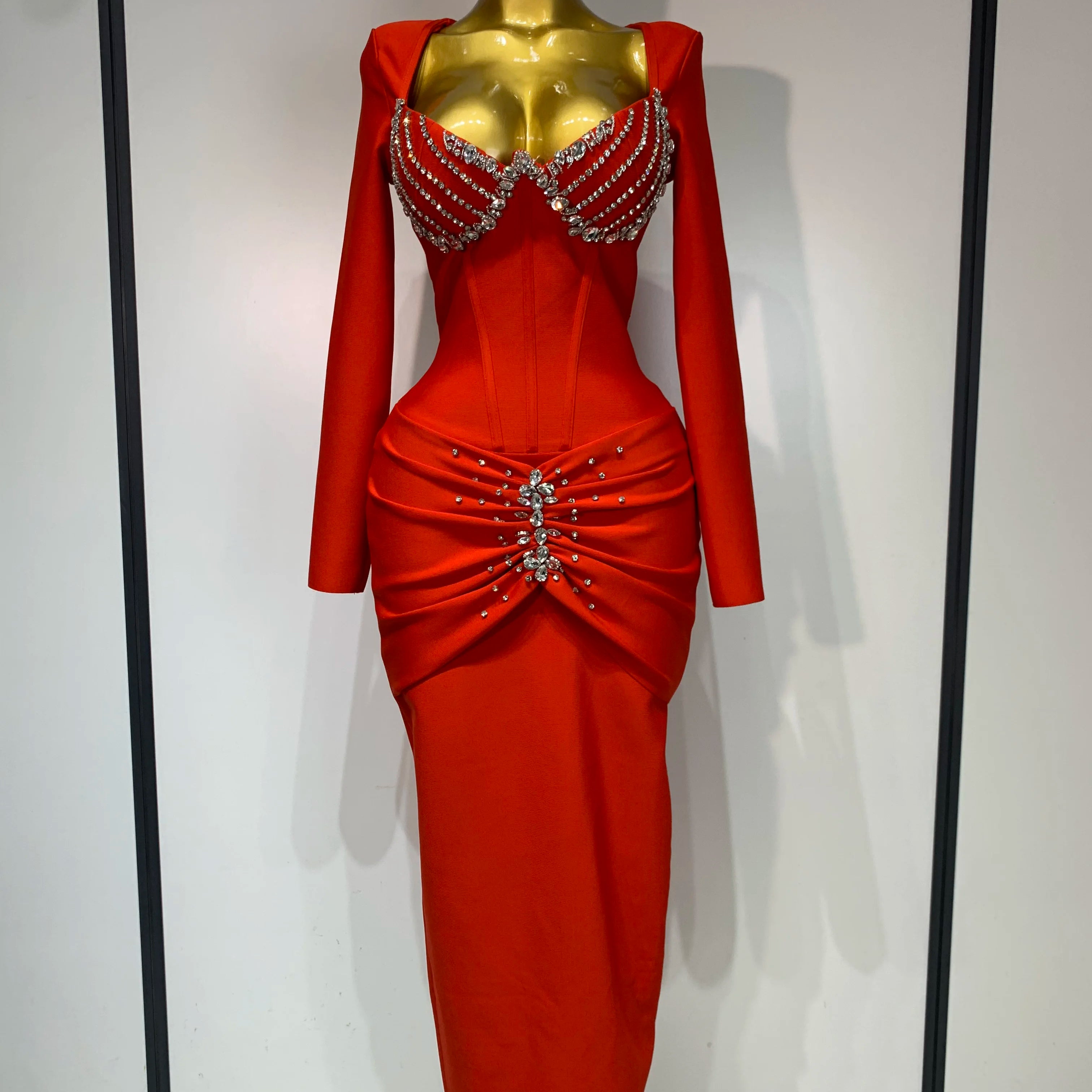 Women Sexy Luxury Sparkly Diamond Bandage Long Sleeve Bodycon Dress 2025 Celebrity Elegant Evening Club Pary Birthday Dresses Red
