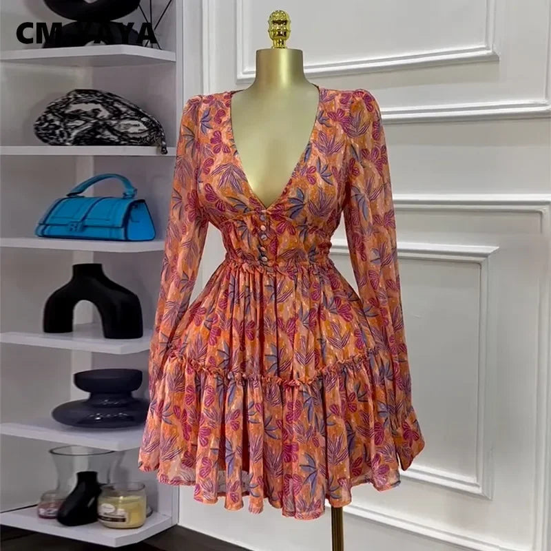 Women V-neck Long Sleeve Pleated Mini Dress Sweet Elegant Floral Print Sexy Birthday Beach Night Party Vestidos Dresses