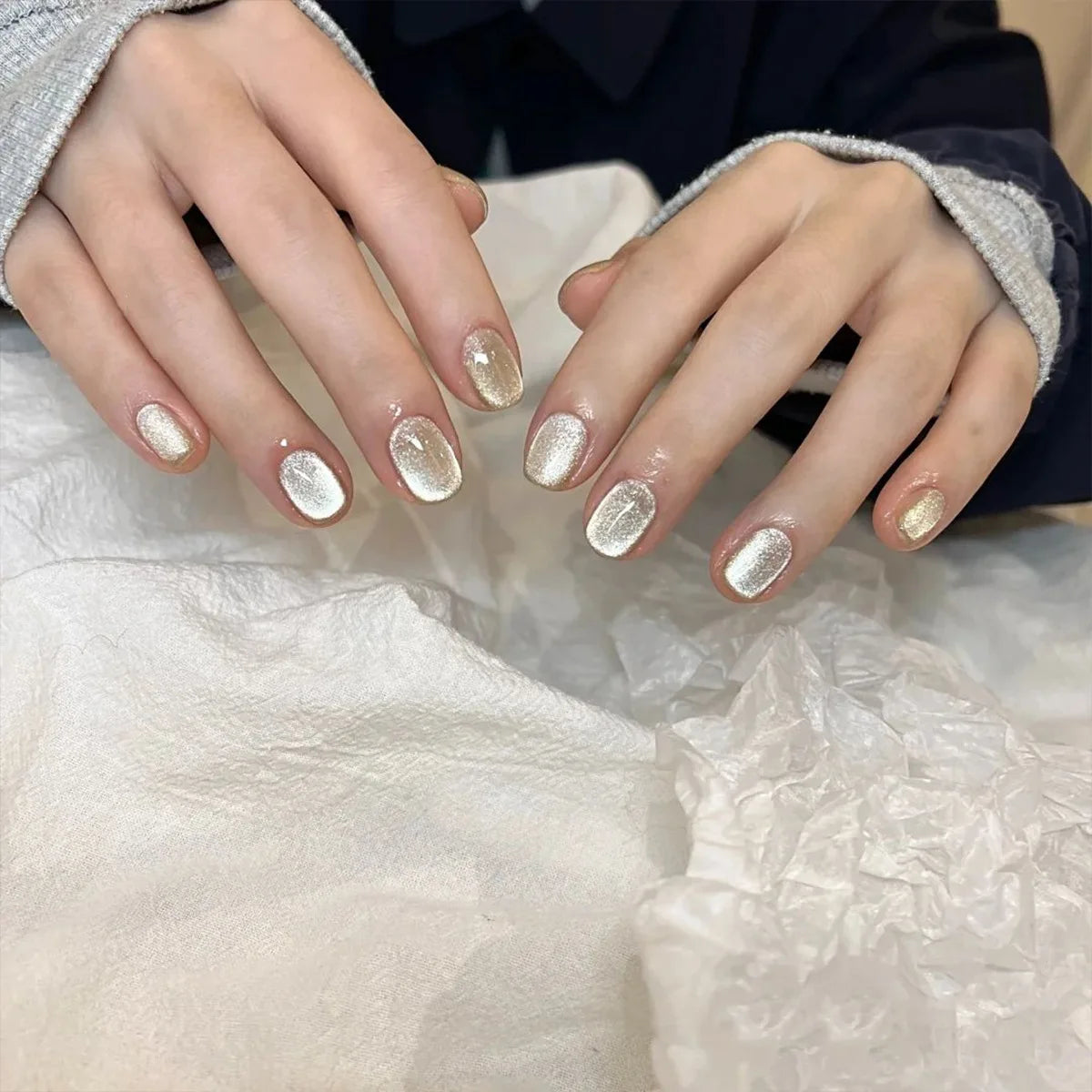 24pcs/set short square fake nails cat eyes glitter pink green purple yellow nude nail tips faux ongles press on false nail art 14