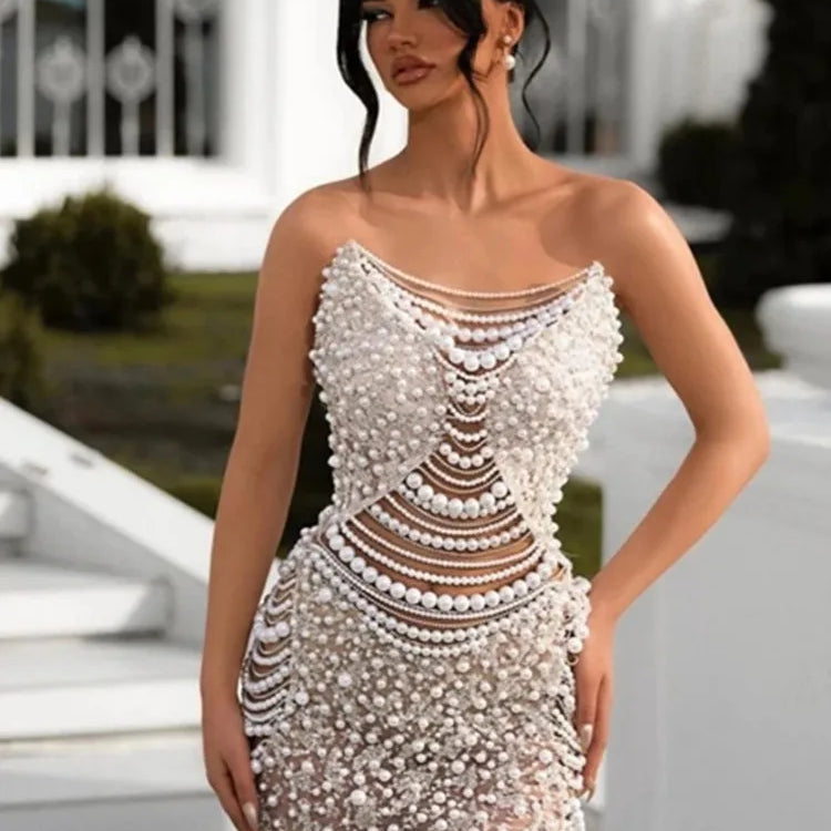 Women Luxury Sexy Strapless Backless Pearl Sequins Maxi Long Beige Gowns Dress Elegant Evening Party Club Dress Vestido