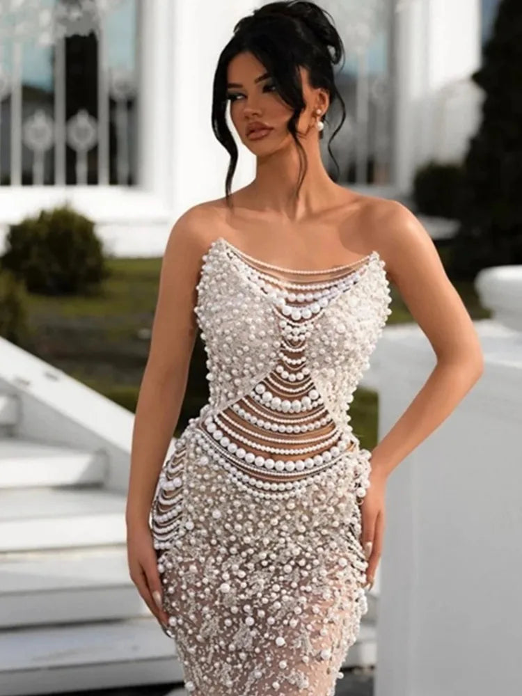 Women Luxury Sexy Strapless Backless Pearl Sequins Maxi Long Beige Gowns Dress Elegant Evening Party Club Dress Vestido