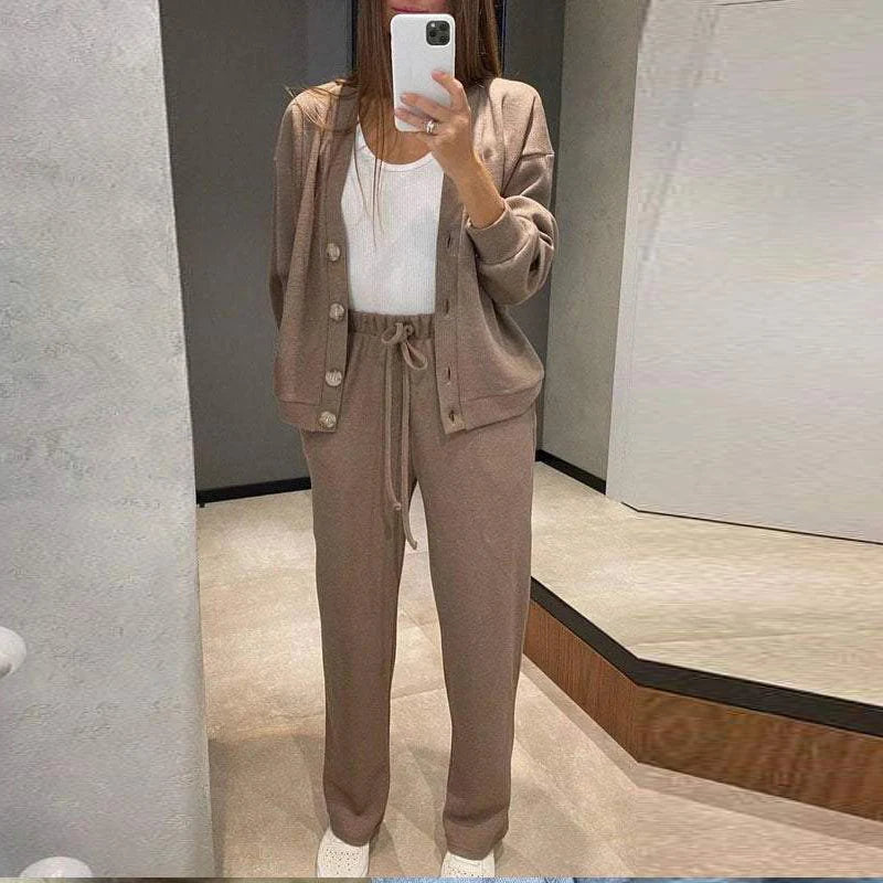 Autumn Winter Women Two Piece Set Button Cardigan Coat Drawstring Plus Size Pants Suit Female Casual Daily Wear