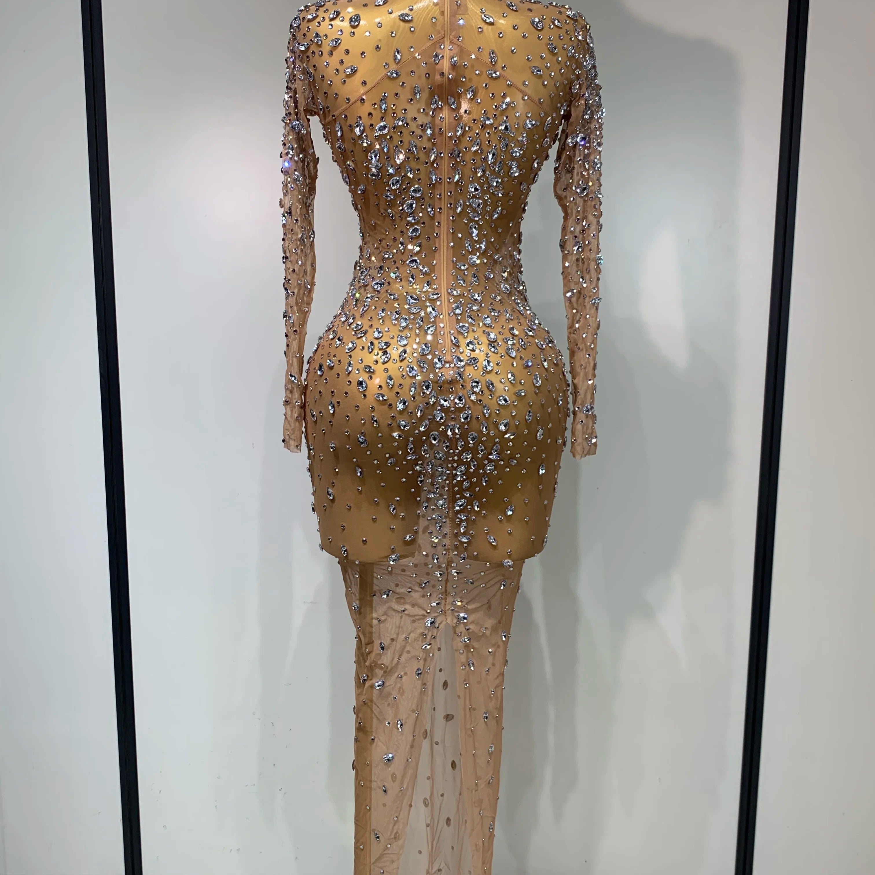 Women Sexy Long Sleeve Bodycon Dress Luxury Birthday Evening Party Glitter Rhinestones Mesh See Through Prom Gown Stage Outfit