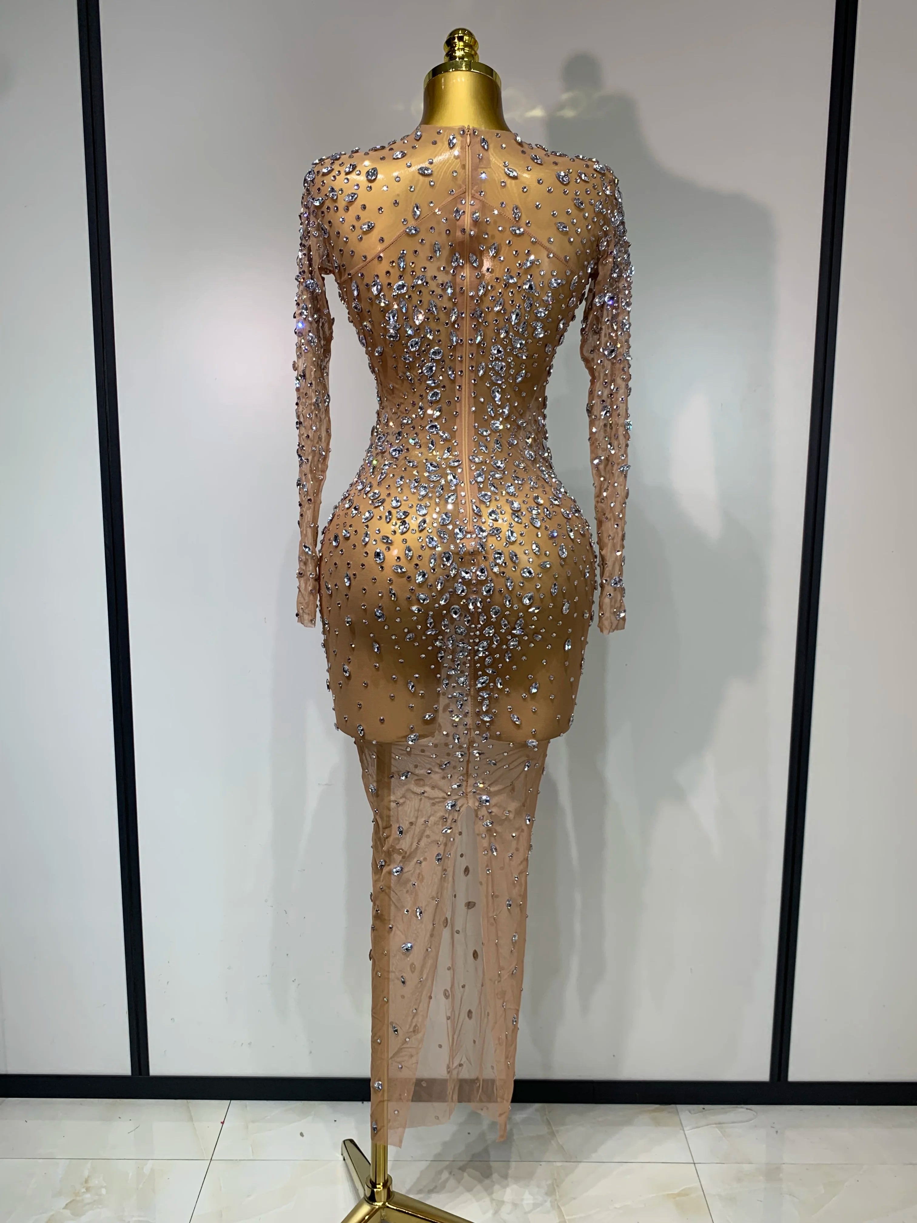 Women Sexy Long Sleeve Bodycon Dress Luxury Birthday Evening Party Glitter Rhinestones Mesh See Through Prom Gown Stage Outfit