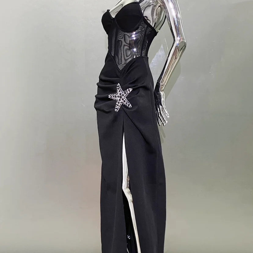 2024 Starfish Sexy See Through Mesh Patchwork Bandage Spaghetti Strap Floor Length Dress Evening Dress Celebrity Party Outfit