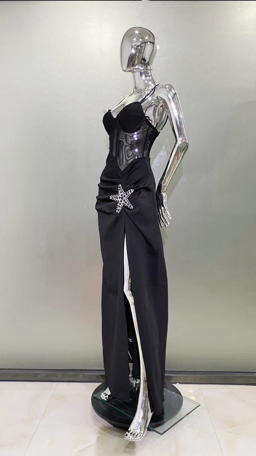 2024 Starfish Sexy See Through Mesh Patchwork Bandage Spaghetti Strap Floor Length Dress Evening Dress Celebrity Party Outfit