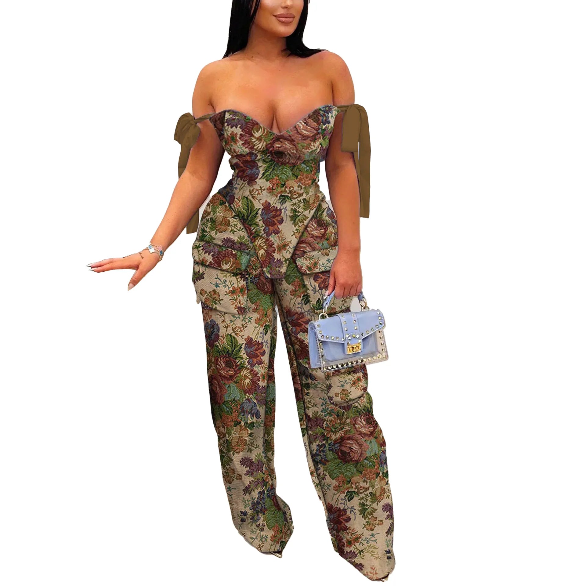 CM.YAYA Oil Painting Printed Women's Set Lace Up Back Crop Top and Pants Suit 2024 Fall Winter Two 2 Piece Sets Outfit Tracksuit