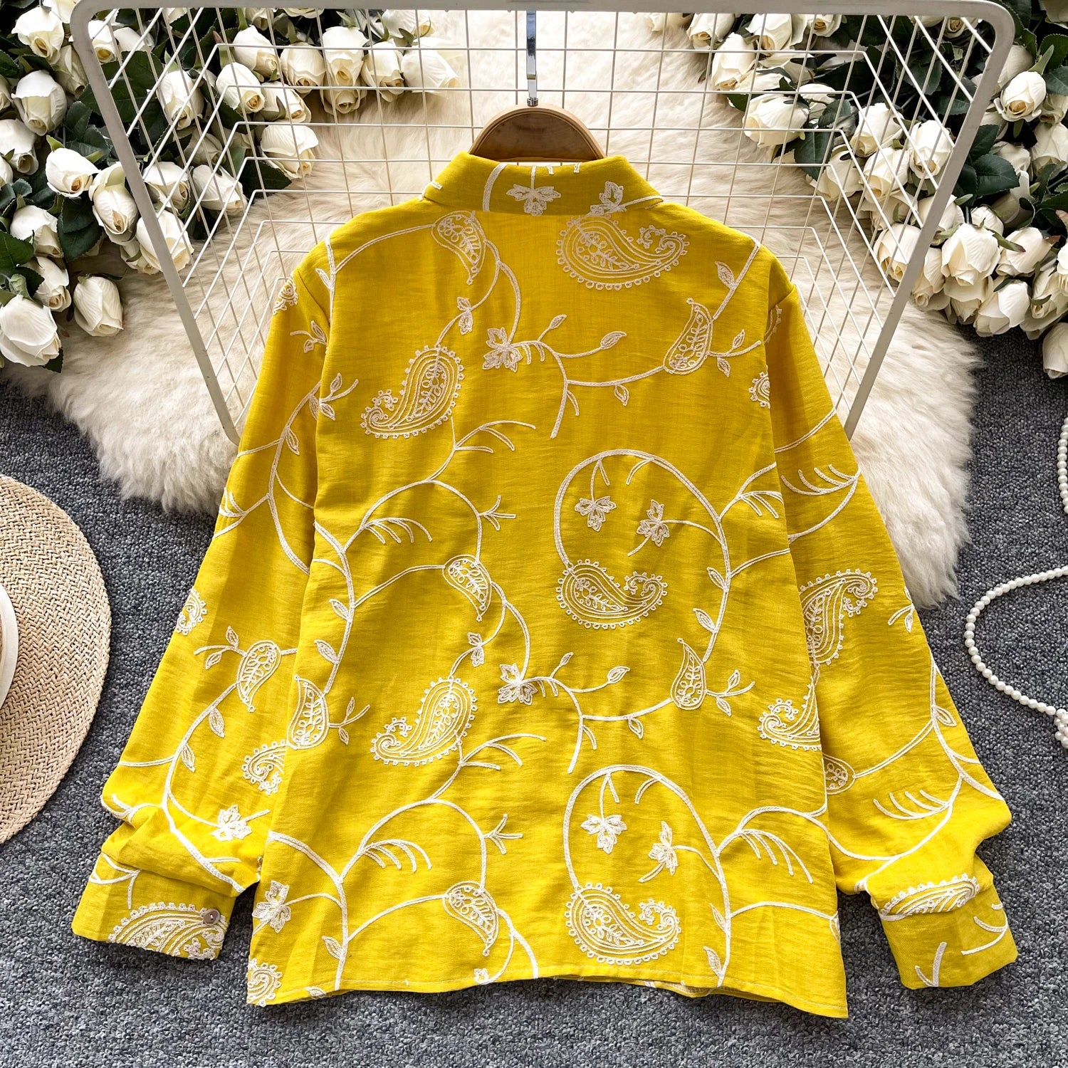 Vintage Elegant Embroidery print turn-down collar Blouse Fashion Single Breasted sweet Shirt Casual Chic Top Fairy Summer Women