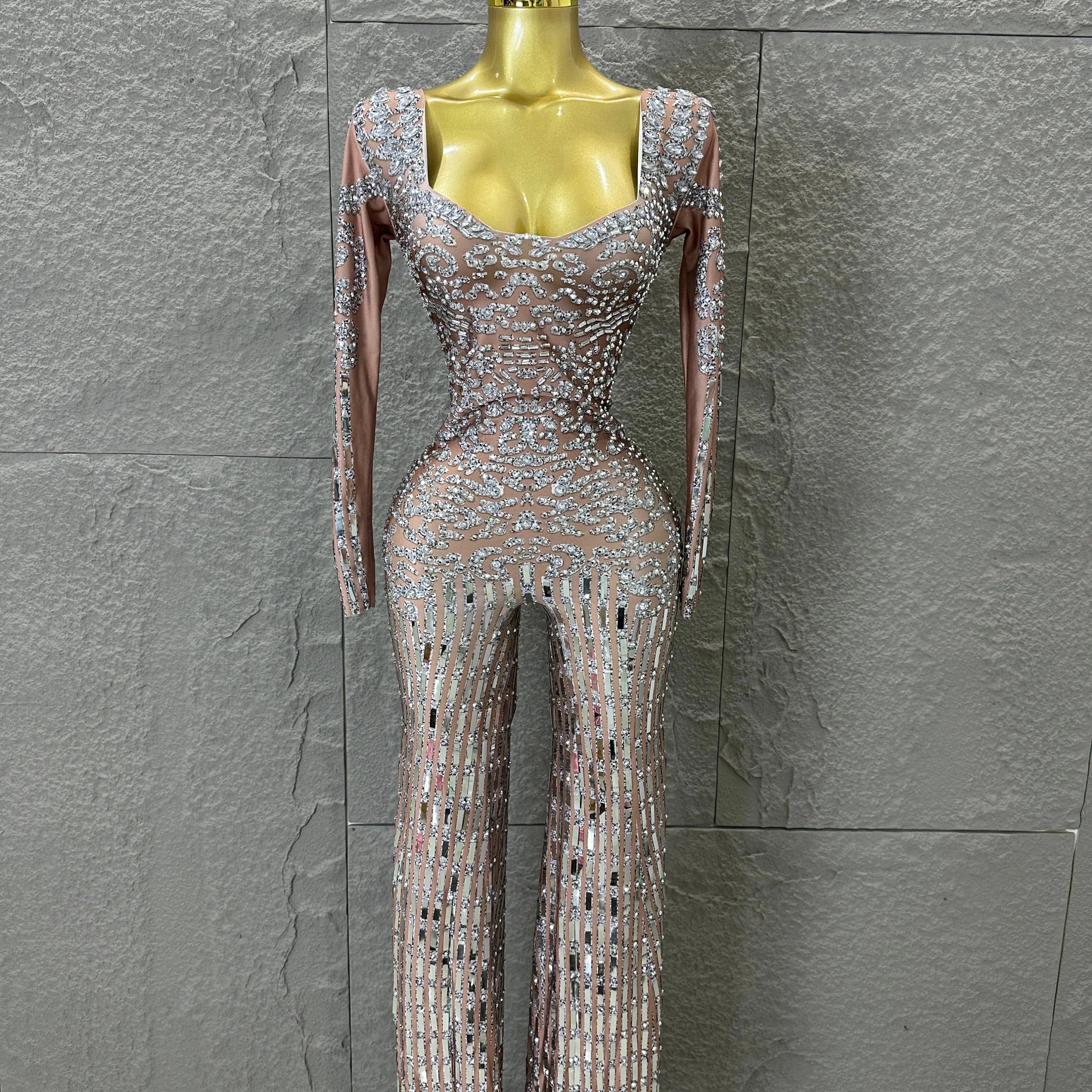 Silver Sheer Mesh Jumpsuit Women Sexy Sweetheart Neck Long Sleeve Full Crystal Skinny Outfit Stage Performance Costume Silver