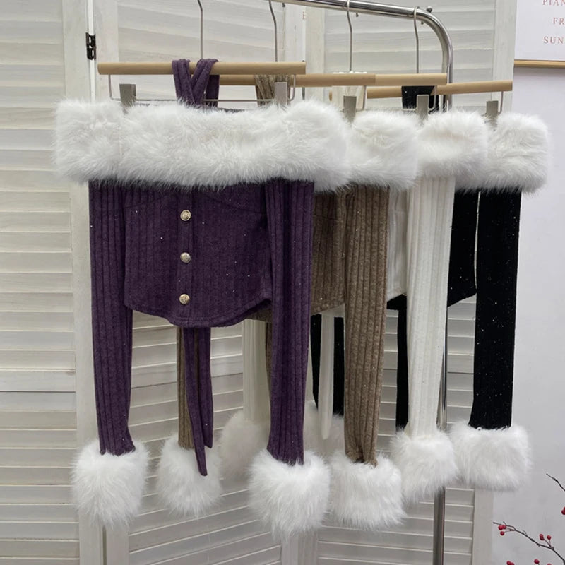 Spring New Detachable Fur Collar Lace-Up Halter Neck Off-Shoulder Knit Sweater For Women Slim Fit Short Top 11A07918