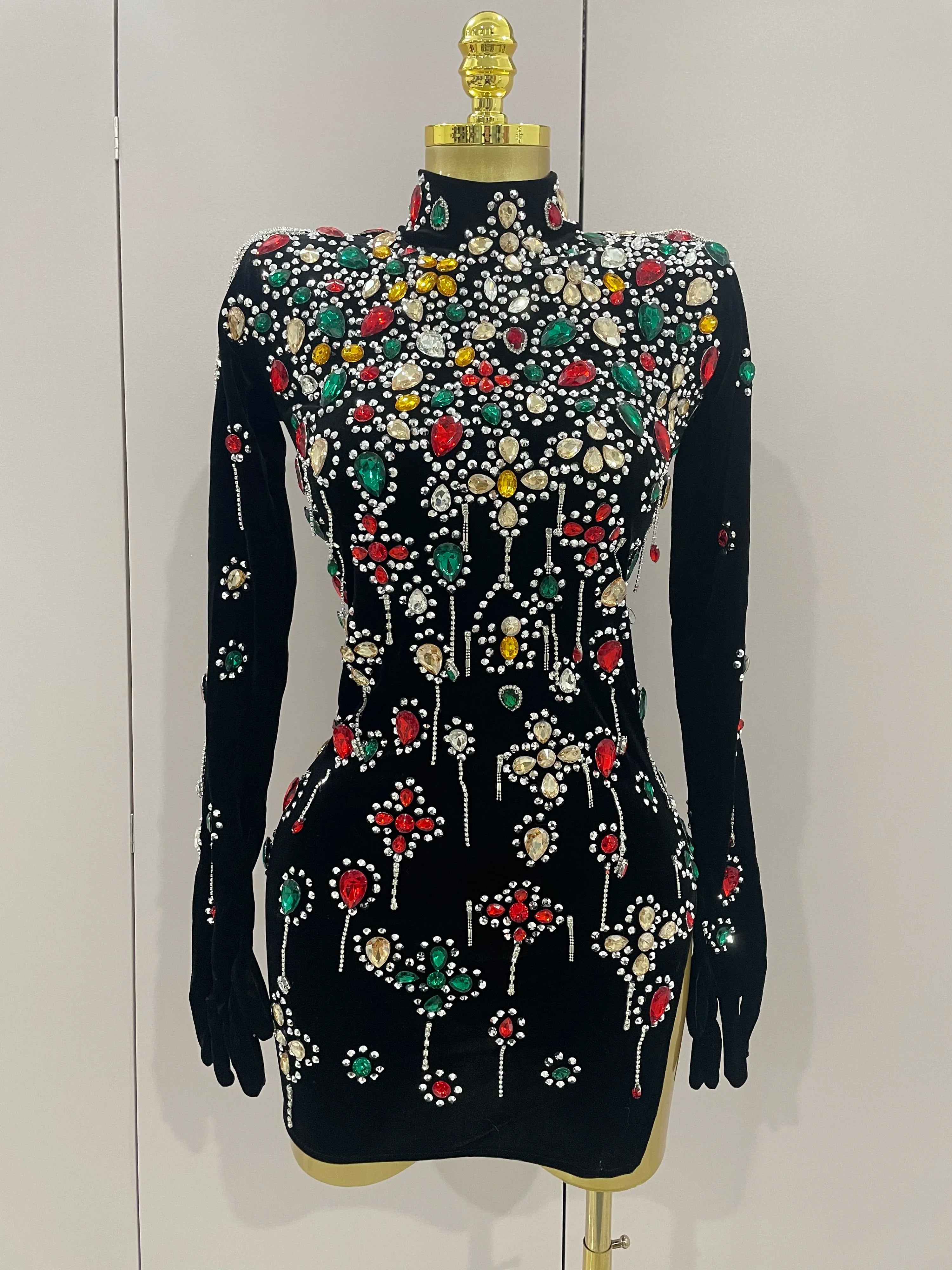 Sexy Sparkle Multicolor Rhinestones Black Velvet Gloves Slit Short Dress 2025New Women Evening Birthday Party Club Stage Costume black