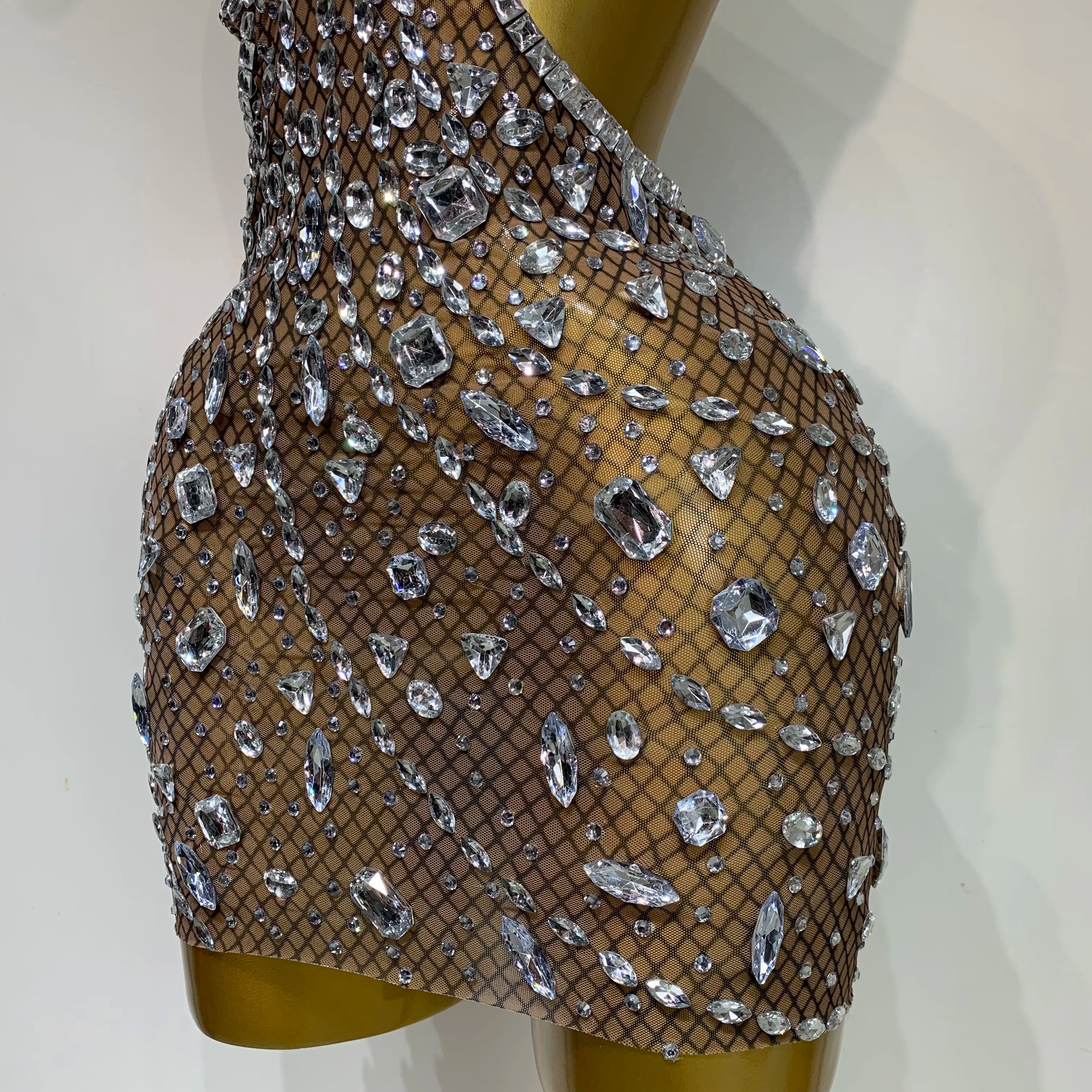 Sexy Sparkly Diamond Backless Short Dress 2025 Women Sleeveless Mesh See Through Evening Birthday Gown Singer Stage Outfit