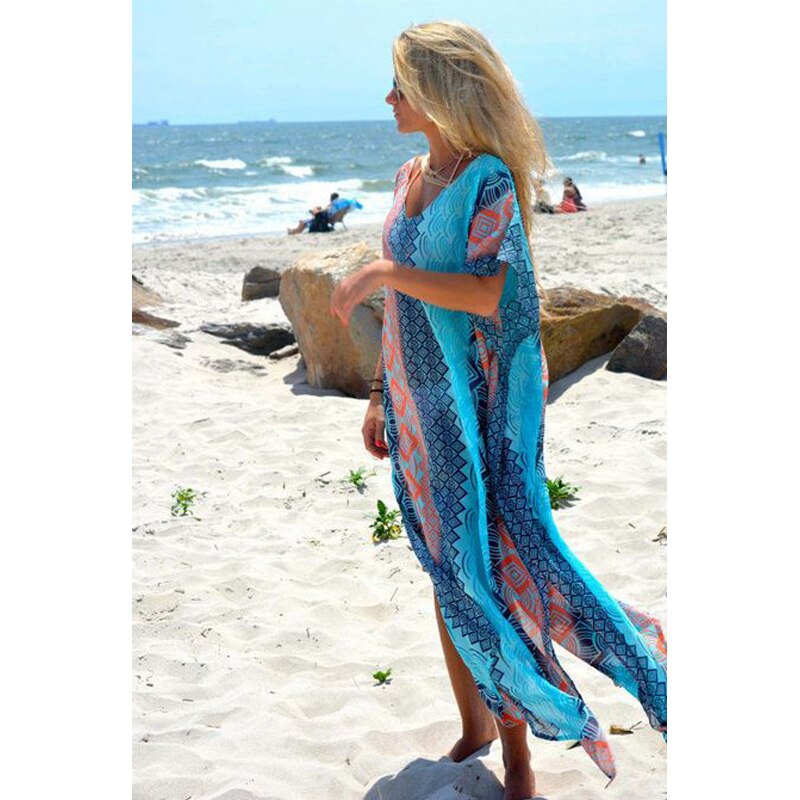 Summer Printing Beach Dress Bathing Suit Cover Ups Sundress Sarong Bikini Long Robe Pareo Tunic Capes Kaftan Coverup