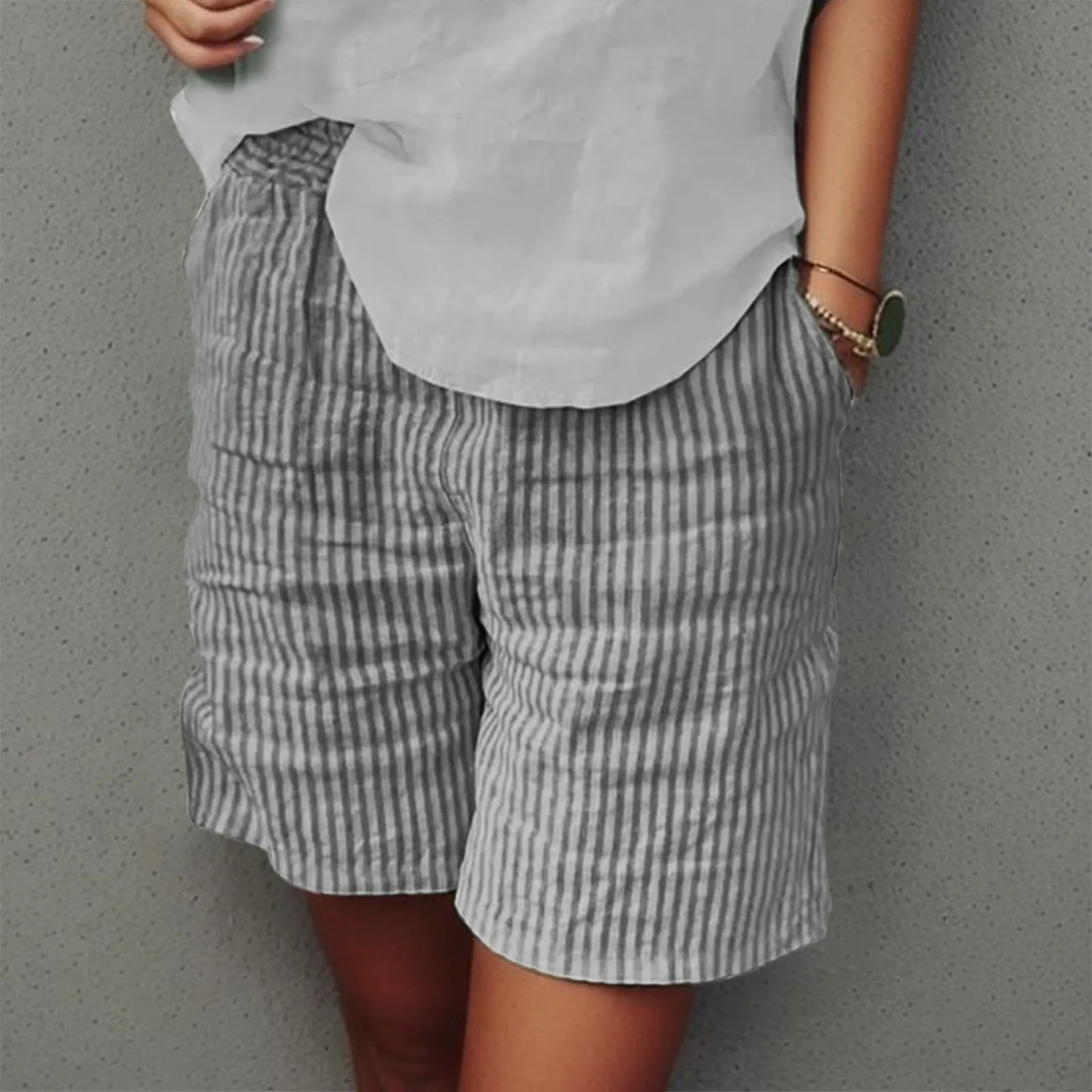 Vintage Striped Shorts Women Classic Cotton Linen Trunks Double Pocket Shorts Summer Hawaiian Beach Vacation Shorts Casual Wear Black