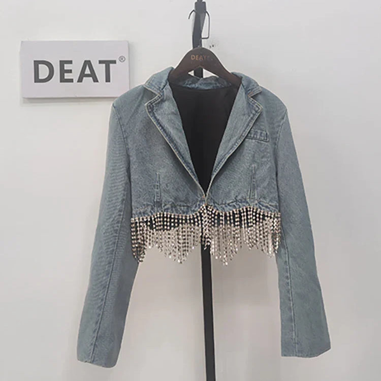 DEAT Women Notched Collar Diamond Tassel Short Denim Coat High Waist Butterfly Hollow Out Jeans Summer New Fashion 29L2717 blue Top