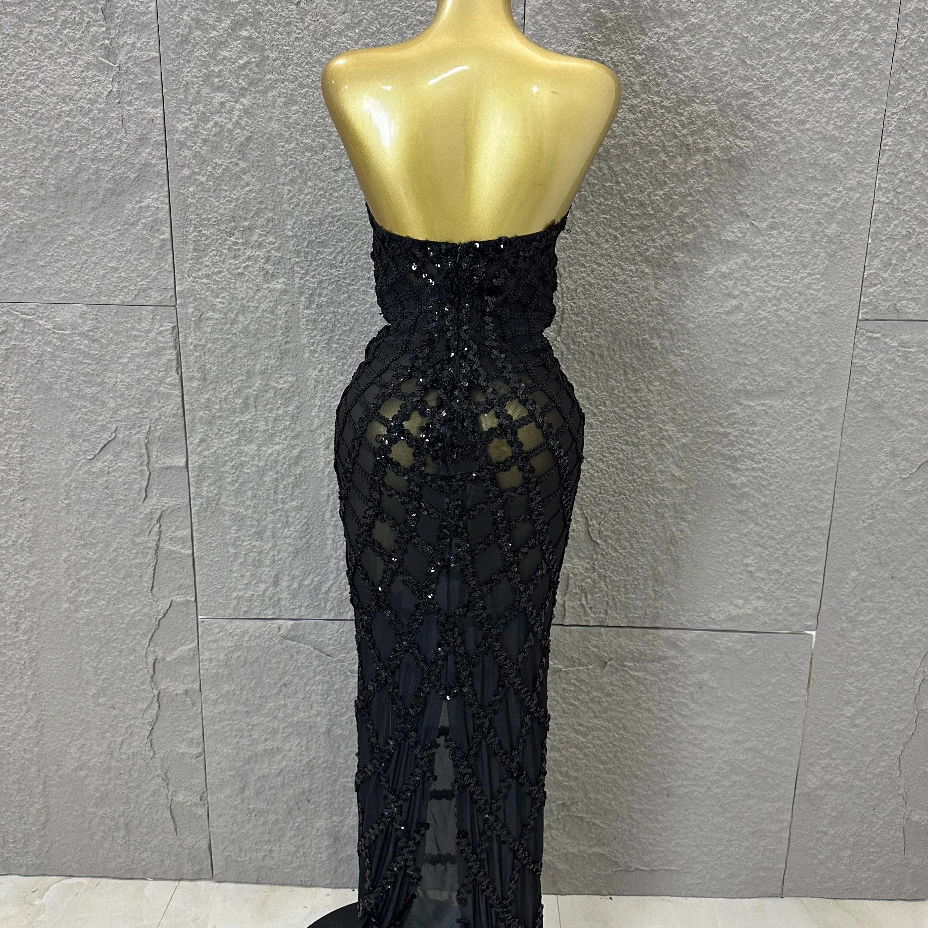 Elegant Sequined Sheer Mesh Maxi Dress Women Sexy Strapless 3D Grid Embellished Bodycon Mermaid Outfit Stage Performance Costume