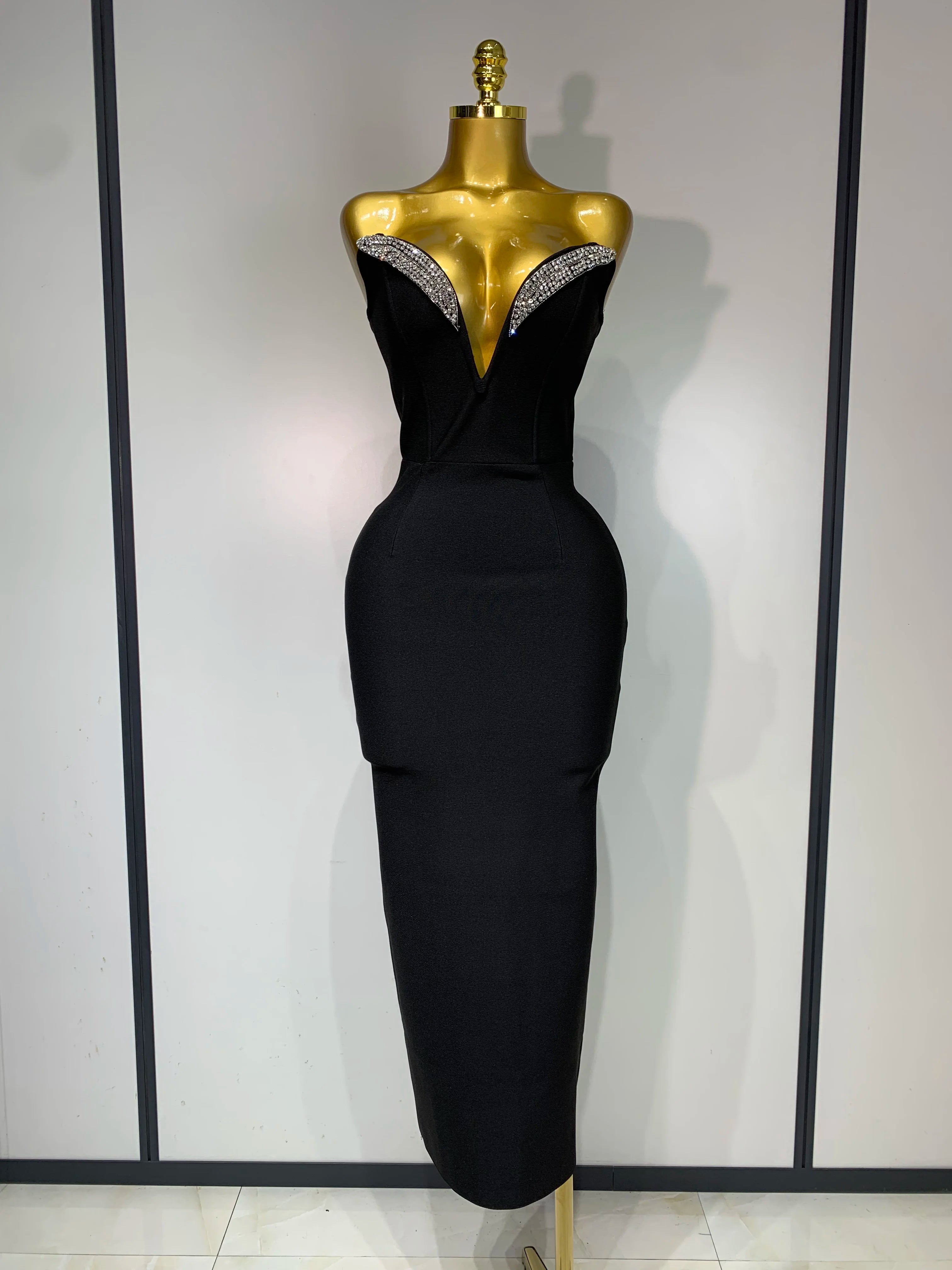 Women Sexy Strapless Sparkly Rhinestones Bodycon Bandage Long Dress Fashion Celebrate Evening Party Luxury Birthday Dresses black