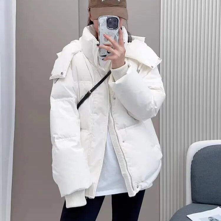 Women Cotton Padded Hooded Puffer Parkas Female Casual Thick Warm 2024 Autumn Winter Coats Loose Jackets Outerwear K801B White