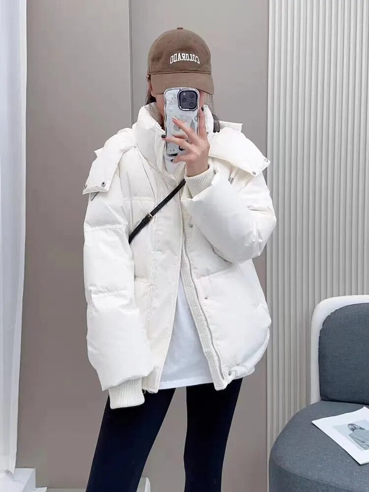 Women Cotton Padded Hooded Puffer Parkas Female Casual Thick Warm 2024 Autumn Winter Coats Loose Jackets Outerwear K801B White