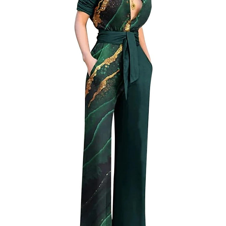 Print Jumpsuit Women Autumn and Spring 2024 New Fashion Long Sleeve Lapel Loose Casual Elegance Green Jumpsuits Green