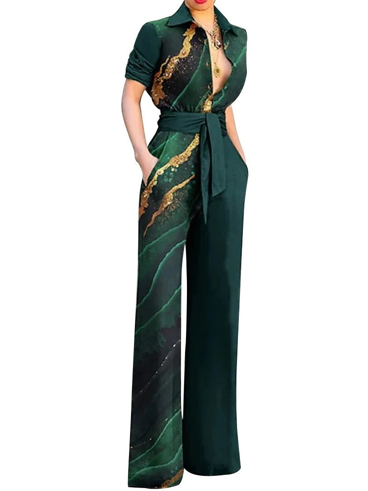 Print Jumpsuit Women Autumn and Spring 2024 New Fashion Long Sleeve Lapel Loose Casual Elegance Green Jumpsuits Green