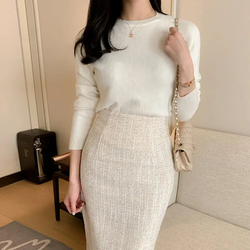 2023 Women Autumn Winter New High Waist Tweed Skirts Female Slim Package Hip Skirts Ladies High Waist Long Solid Skirts Y597