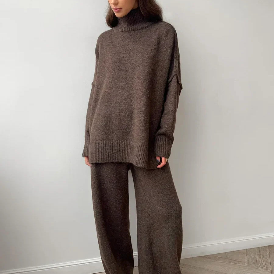 2025 turtleneck sweater set women's European, American autumn and winter new loose casual lazy thickened knitted trousers set Dark Brown
