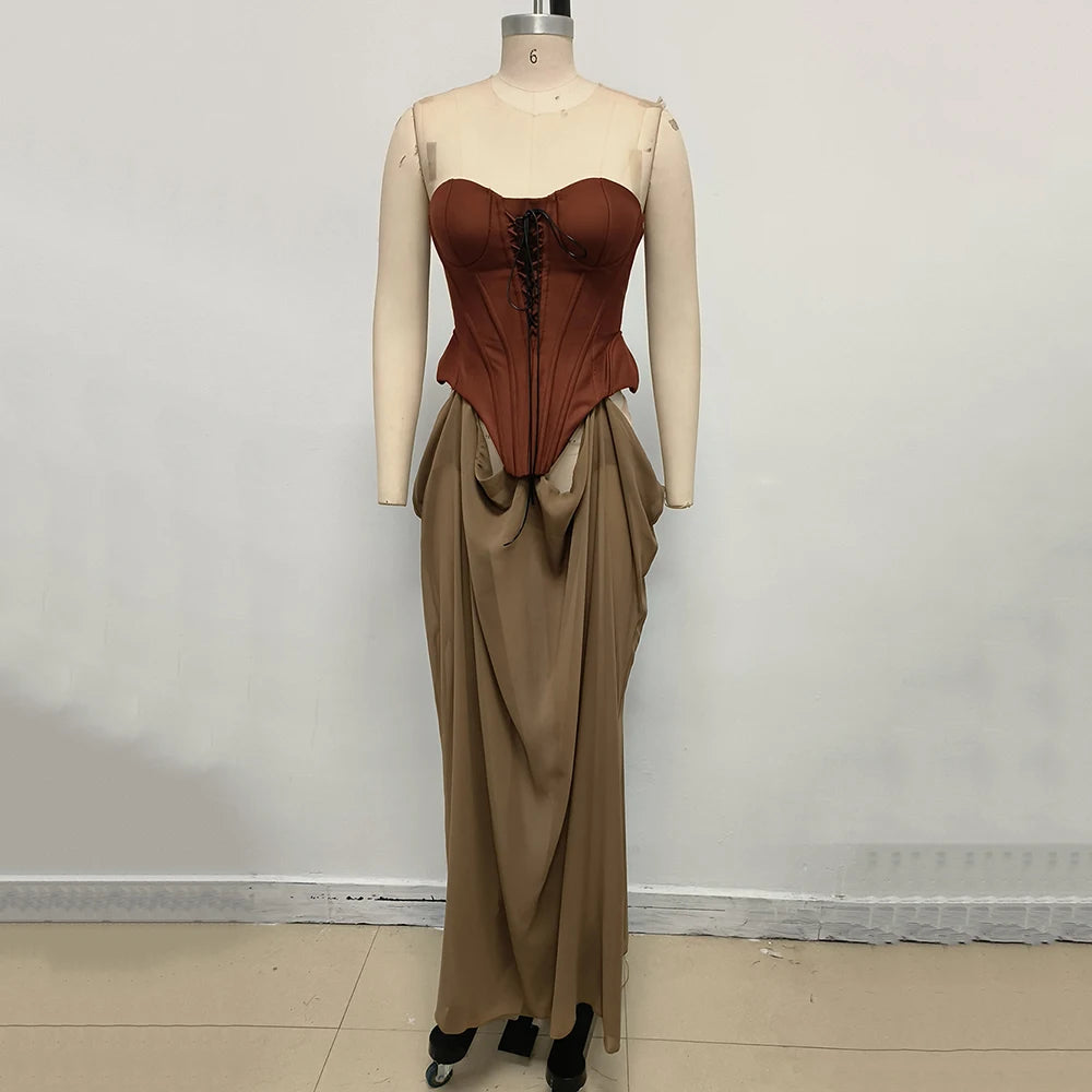 Vintage Off Shoulder Sleeveless Long Dresses Sexy Women Sheath Lace Up Patchwork Long Dress Elegant Summer For 2025 Vestidos Brown