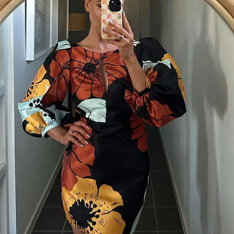 Elegant Backless Floral Mini Dress Summer Women Long Lantern Sleeve Beach Dresses Female Chic O-Neck Hollow Party Vestidos